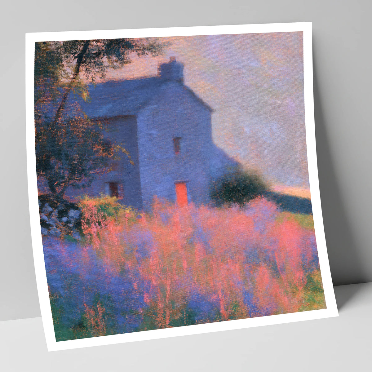 Stone Cottage in Pink Twilight lake district village art print