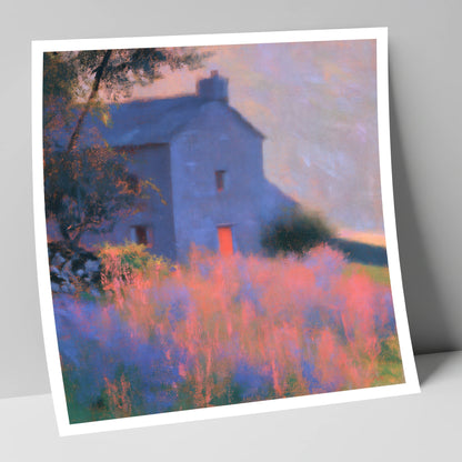 Stone Cottage in Pink Twilight lake district village art print