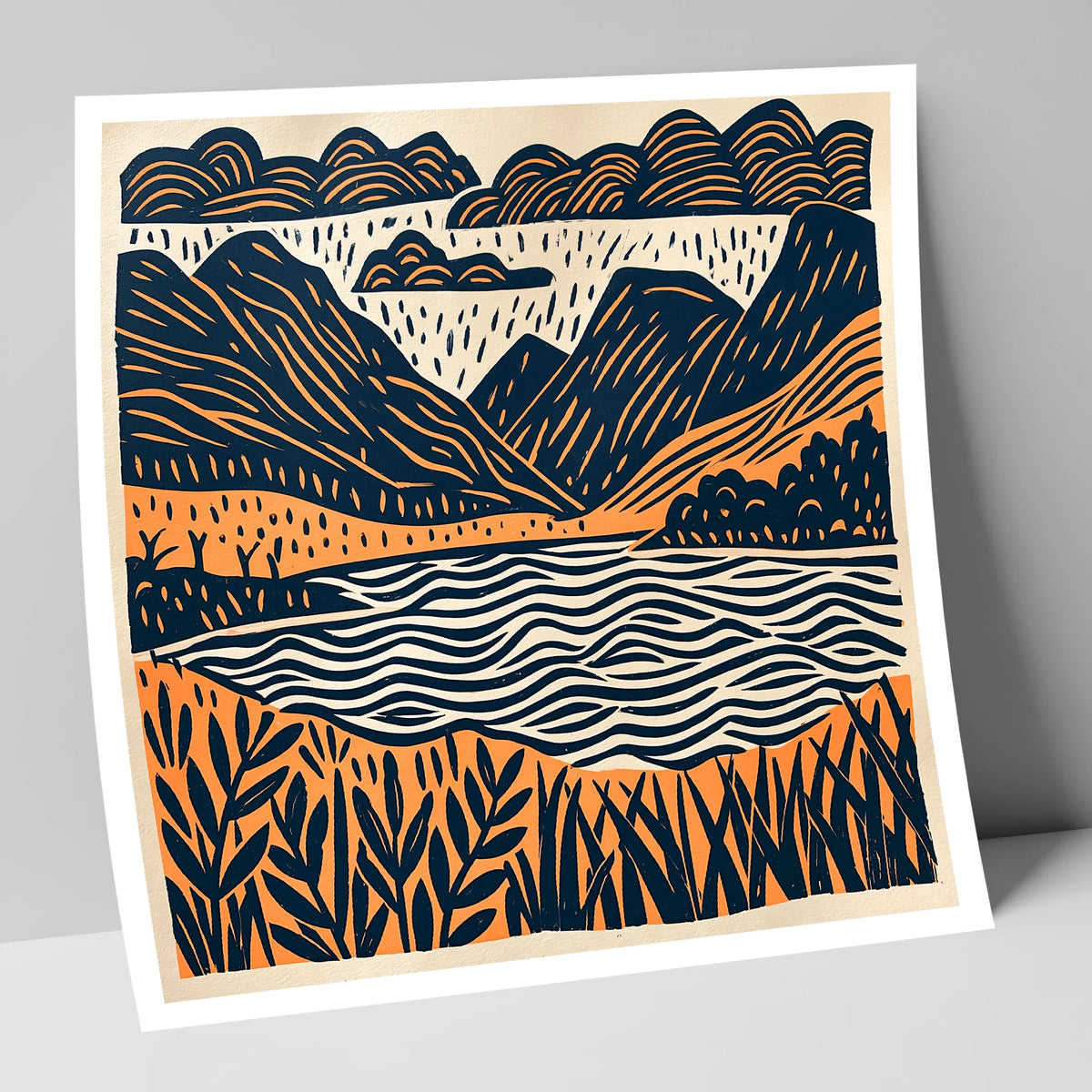 Dawn Lake In Navy And Terracotta lake district lake art print