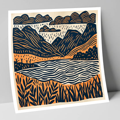 Dawn Lake In Navy And Terracotta lake district lake art print