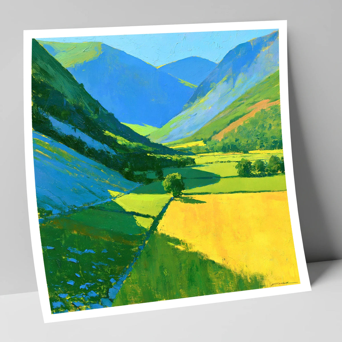 Vibrant Sunlit Valley with Blue Fellside Shadows lake district valley art print