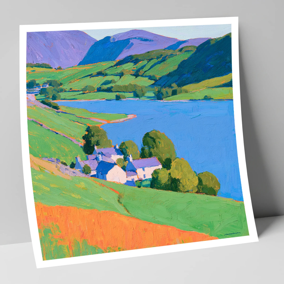 Vibrant Lakeside Village Scene lake district village art print