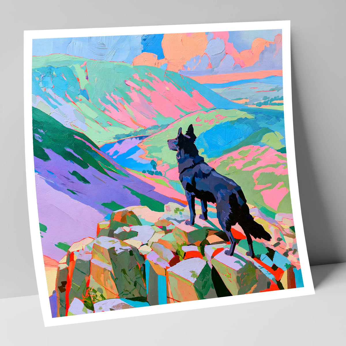 Black Dog on Vibrant Haystacks haystacks wall art art print