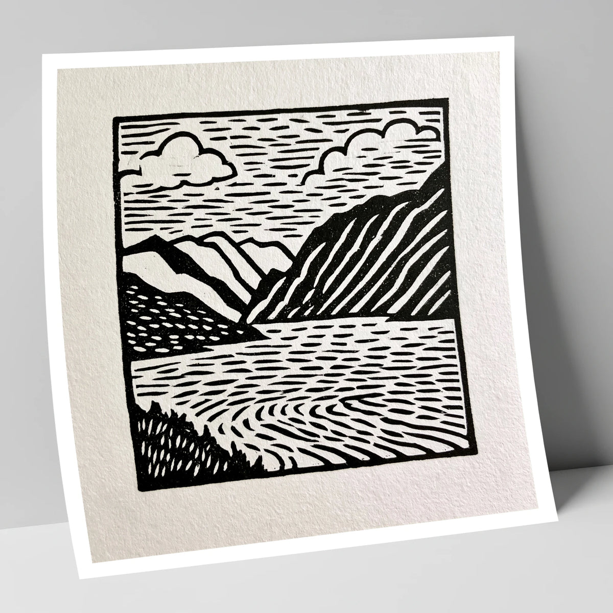 Graphic Monochrome Lake and Fells lake district lake art print