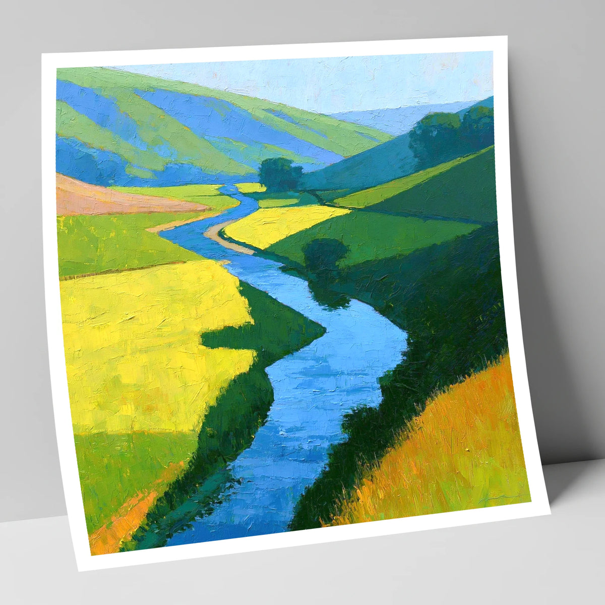 Winding Blue Beck through Vibrant Valley Meadows lake district waterfall art print