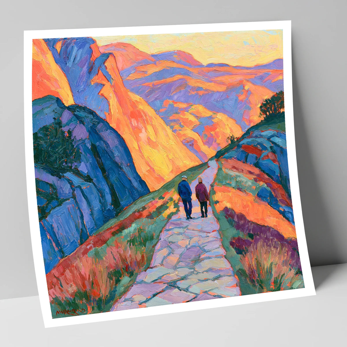 Walkers on an Amber Mountain Path lake district walking art print