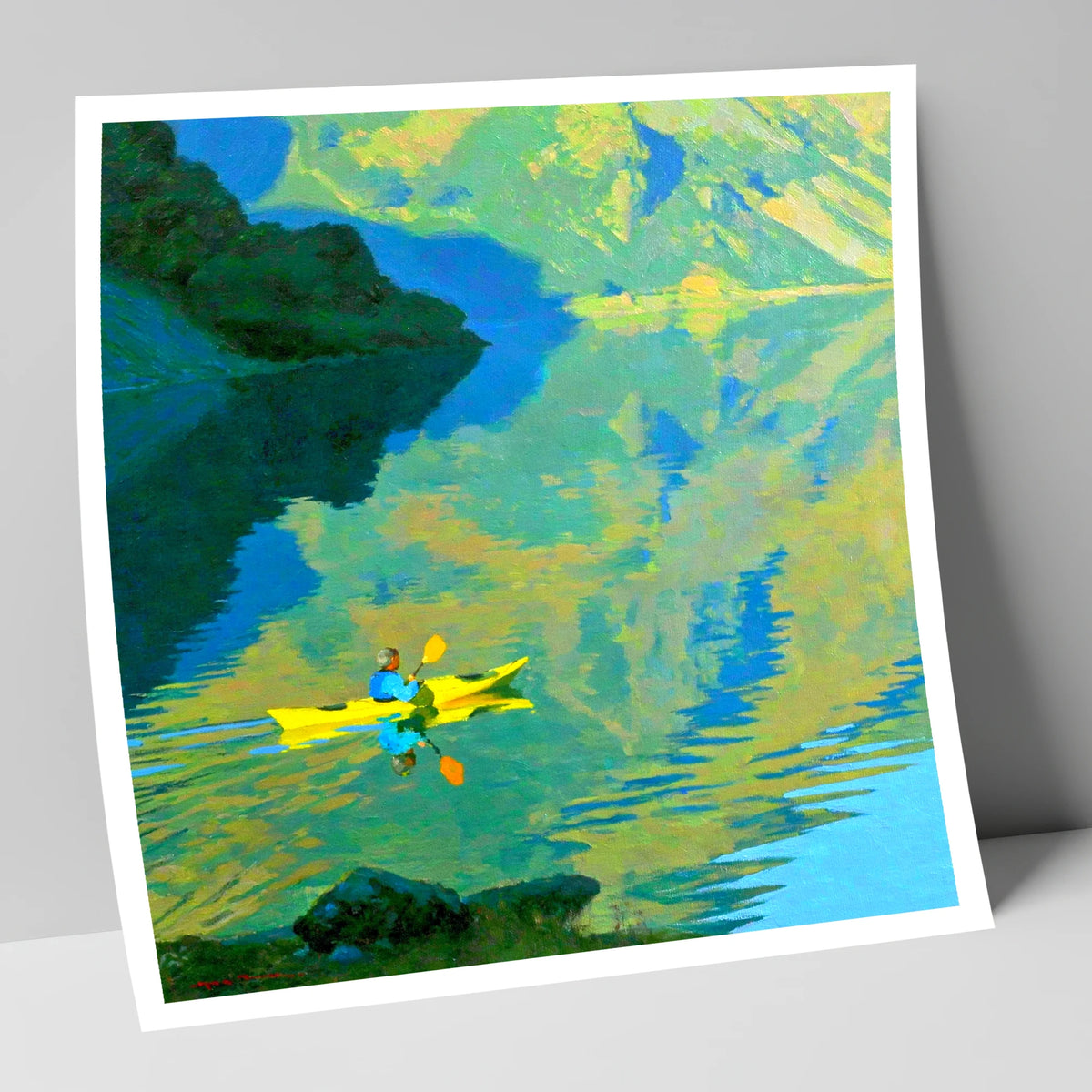 Yellow Kayak on Reflecting Fells lake district walking art print