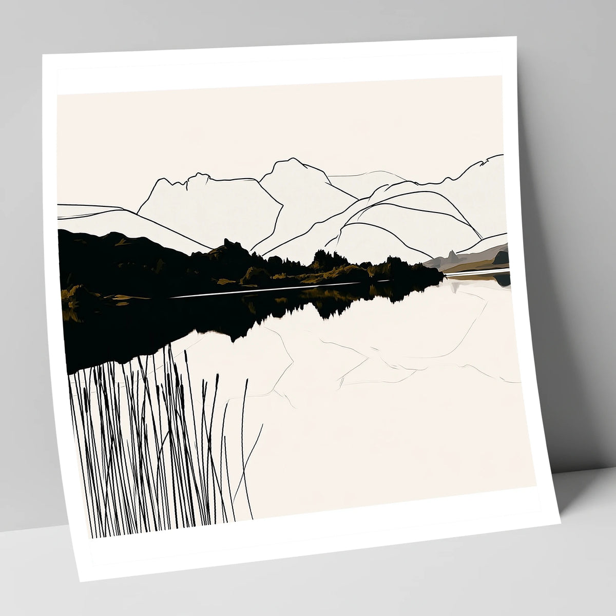 Elterwater Reeds in Black and Cream lake district lake art print