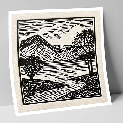 Graphic Monochrome Buttermere Fells lake district lake art print