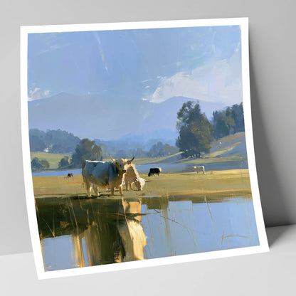 Highland Cattle Lakeshore Reflections lake district wildlife art print
