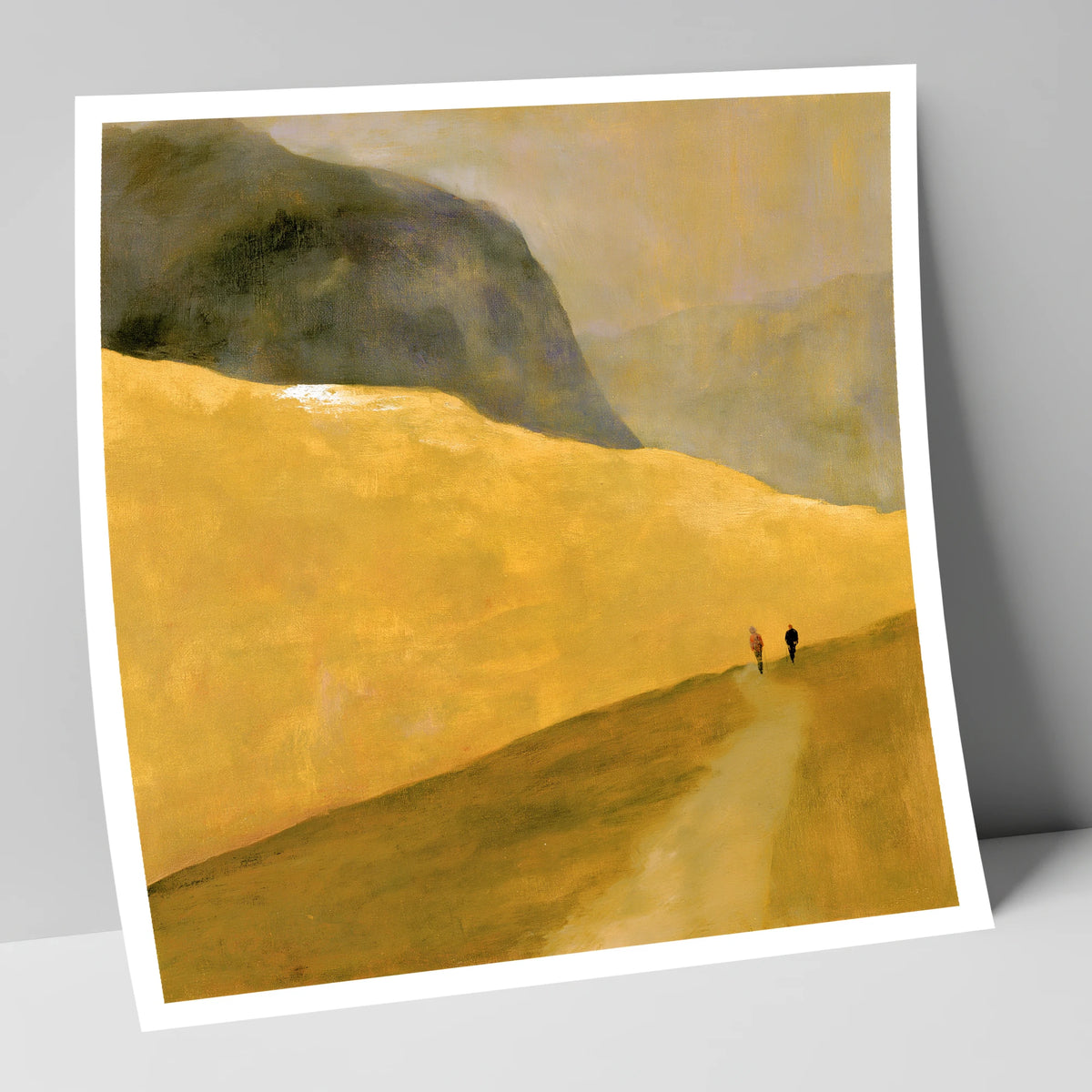 Walkers on a Golden Fell lake district walking art print