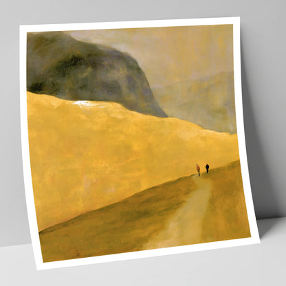 Walkers on a Golden Fell lake district walking art print