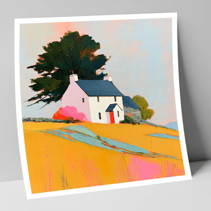 White Stone Cottage in Golden Fields lake district village art print