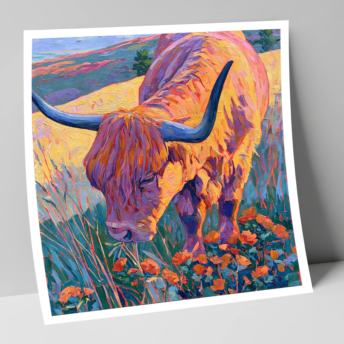 Vibrant Highland Cow Grazing the Fells lake district wildlife art print