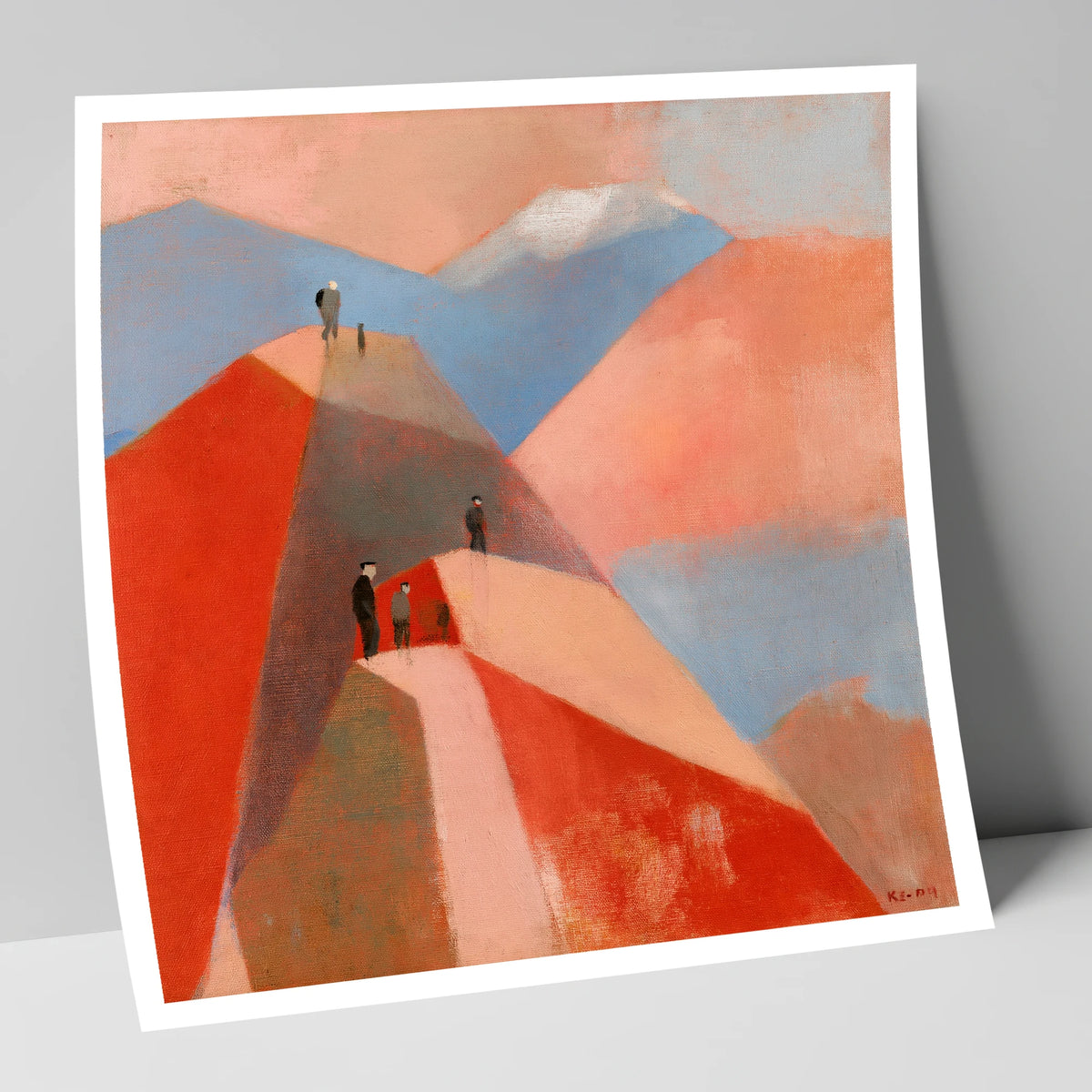 Hikers on Terracotta Fell Top lake district fell art print