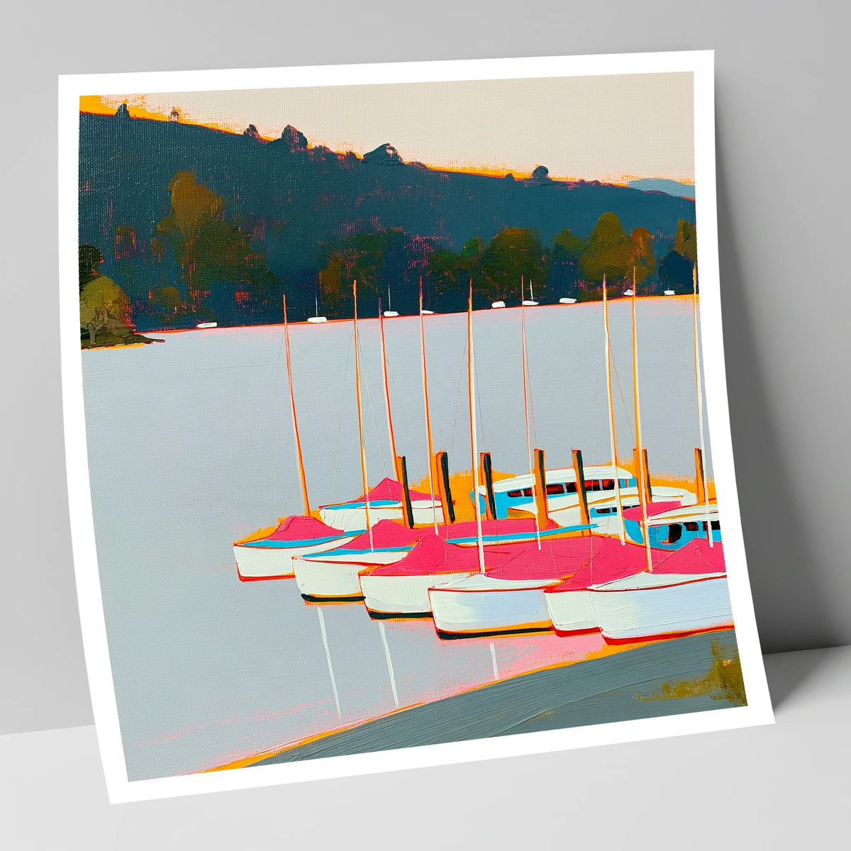 Vibrant Pink Boats on Windermere lake district lake art print