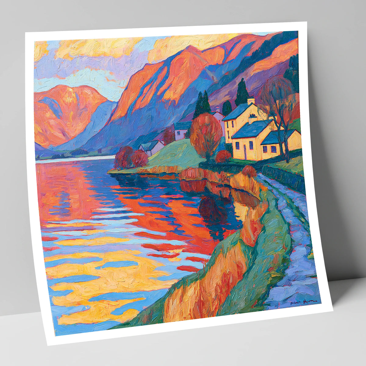 Golden Cottages on the Lakeshore lake district village art print