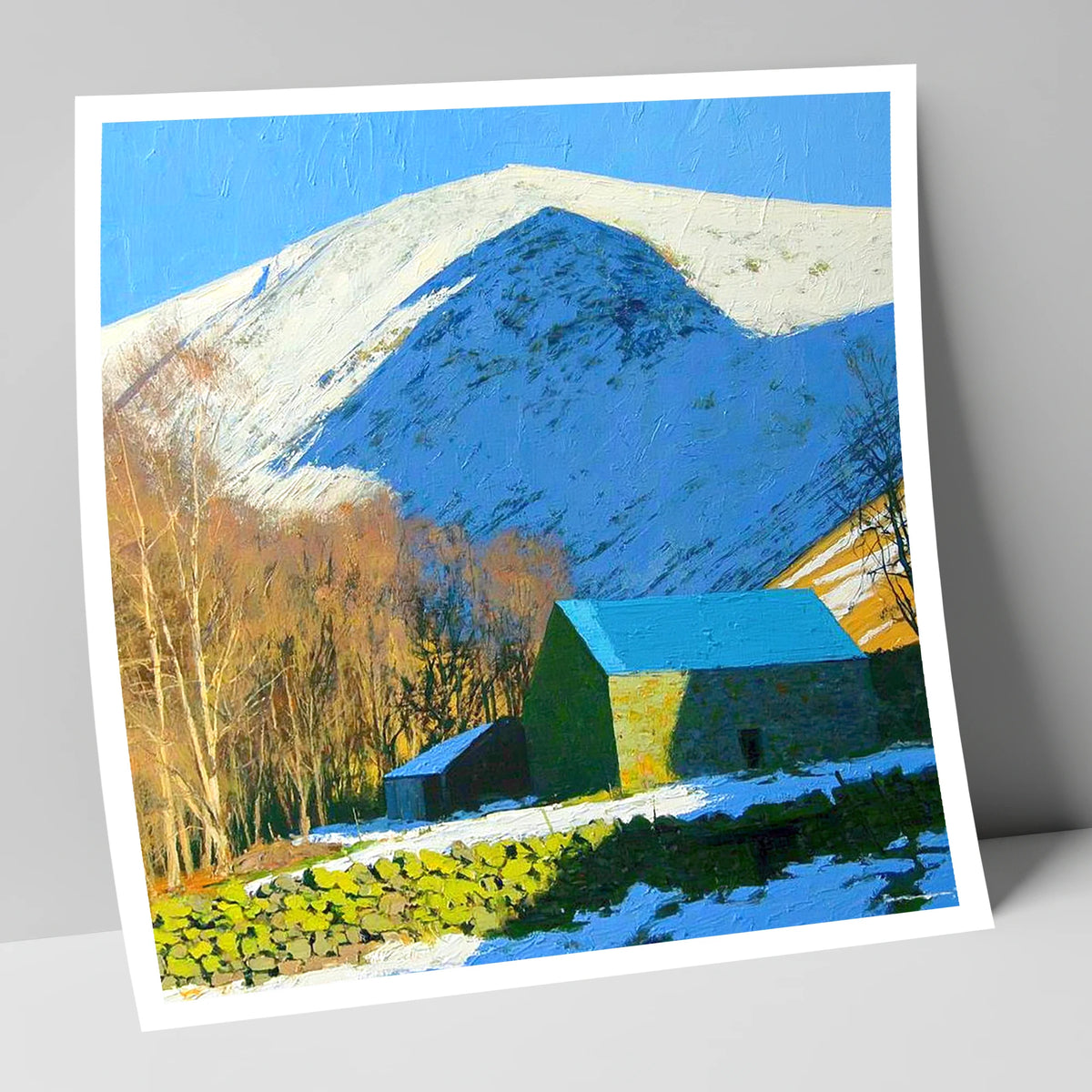 Snowy Bowscale Fell and Stone Barn lake district fell art print