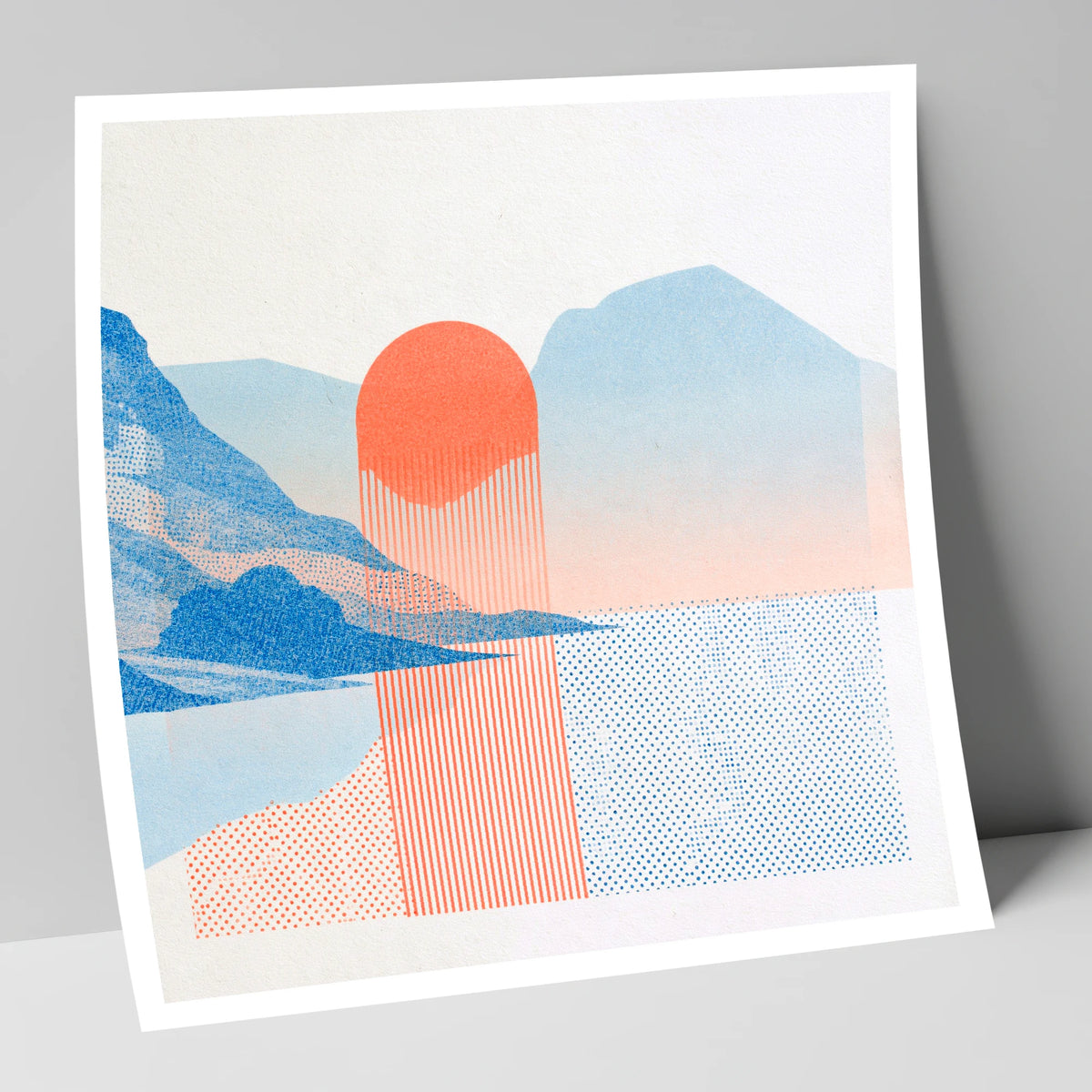 Modern Buttermere in Coral and Blue lake district lake art print
