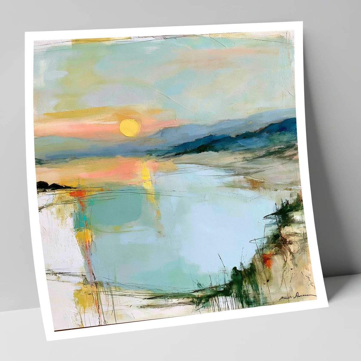 Lake Sunset in Peach and Mint lake district lake art print
