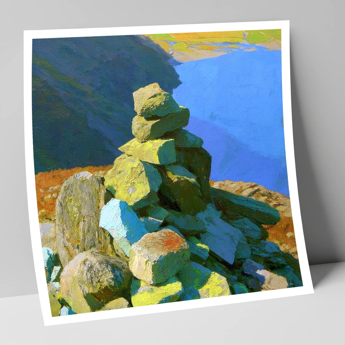Sunlit Calf Crag Stone Cairn lake district fell art print