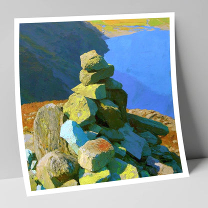 Sunlit Calf Crag Stone Cairn lake district fell art print