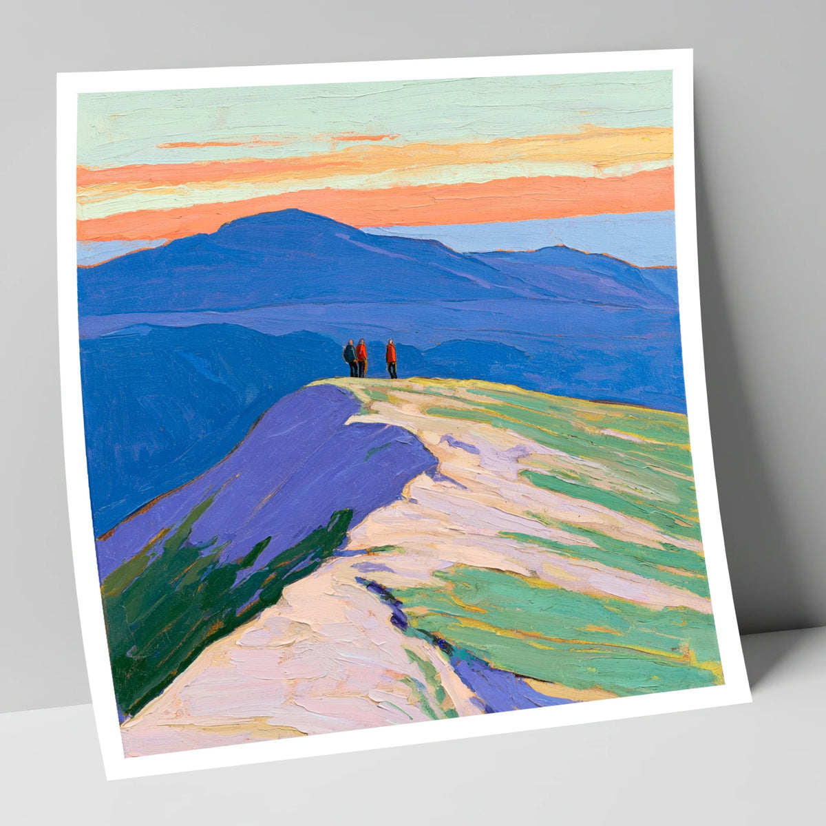 Fell Top Hikers At Sunset lake district fell art print