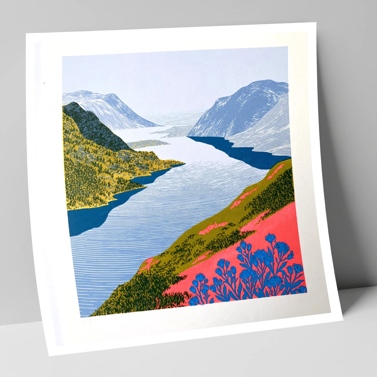 Graphic Lake And Fells In Coral lake district lake art print