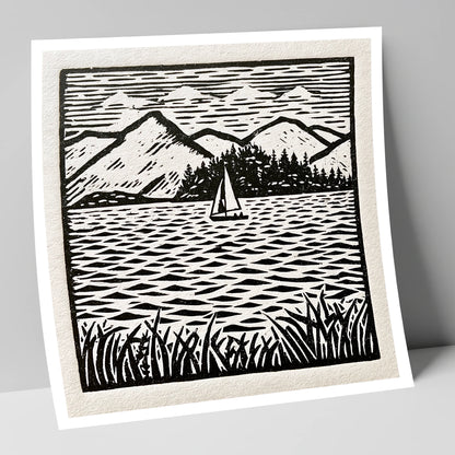 Monochrome Sailboat on Derwentwater lake district lake art print