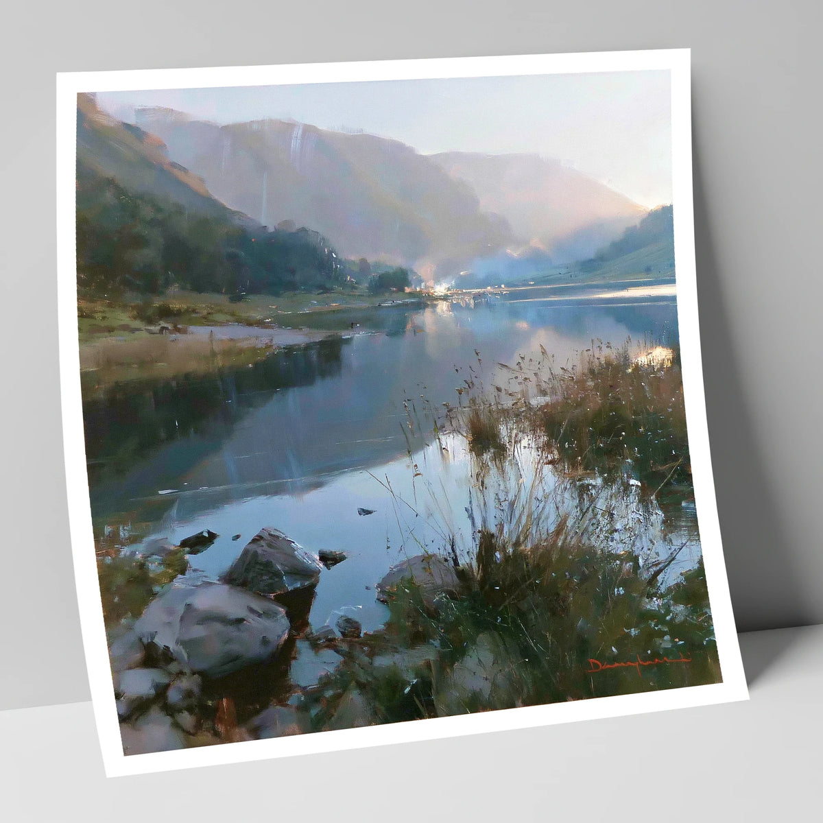 Still Lake Beneath Misty Fells lake district lake art print