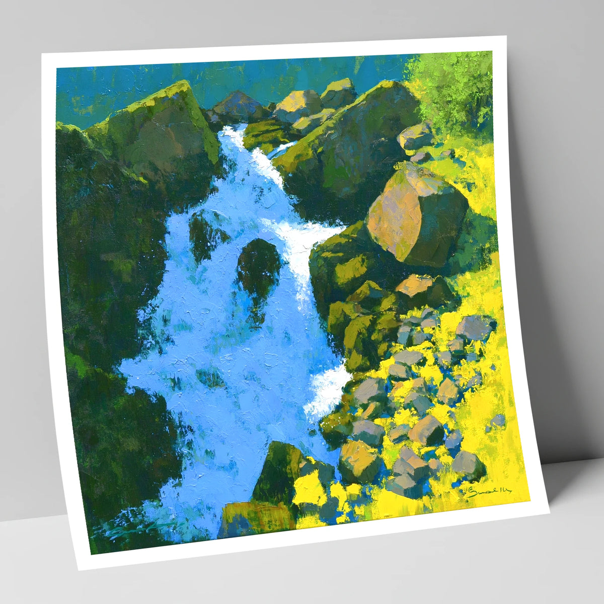 Vibrant Ghyll Waterfall and Sunlit Rocks lake district waterfall art print