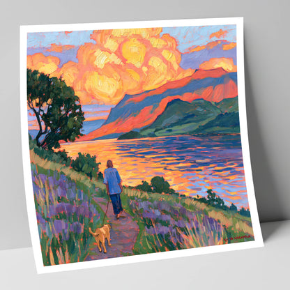 Vibrant Ullswater Evening Dog Walk gifts for dog walkers art print
