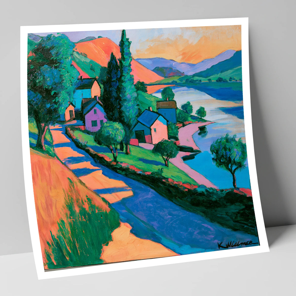 Vibrant Lakeside Village at Sunset lake district village art print