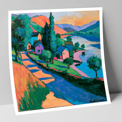 Vibrant Lakeside Village at Sunset lake district village art print