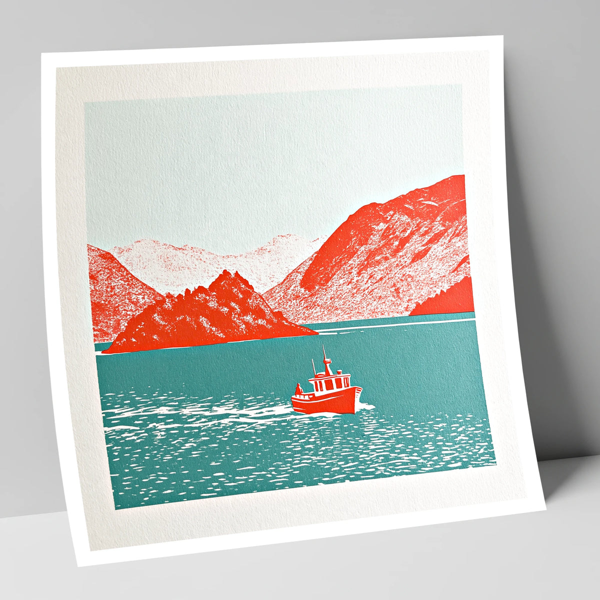 Red Boat on Teal Derwentwater lake district lake art print