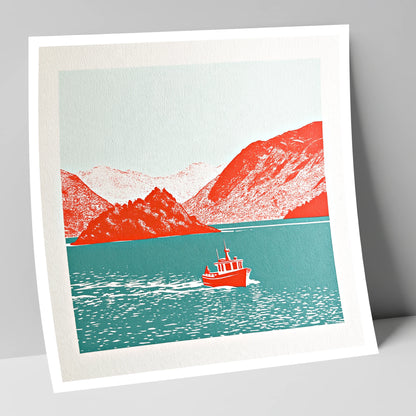 Red Boat on Teal Derwentwater lake district lake art print
