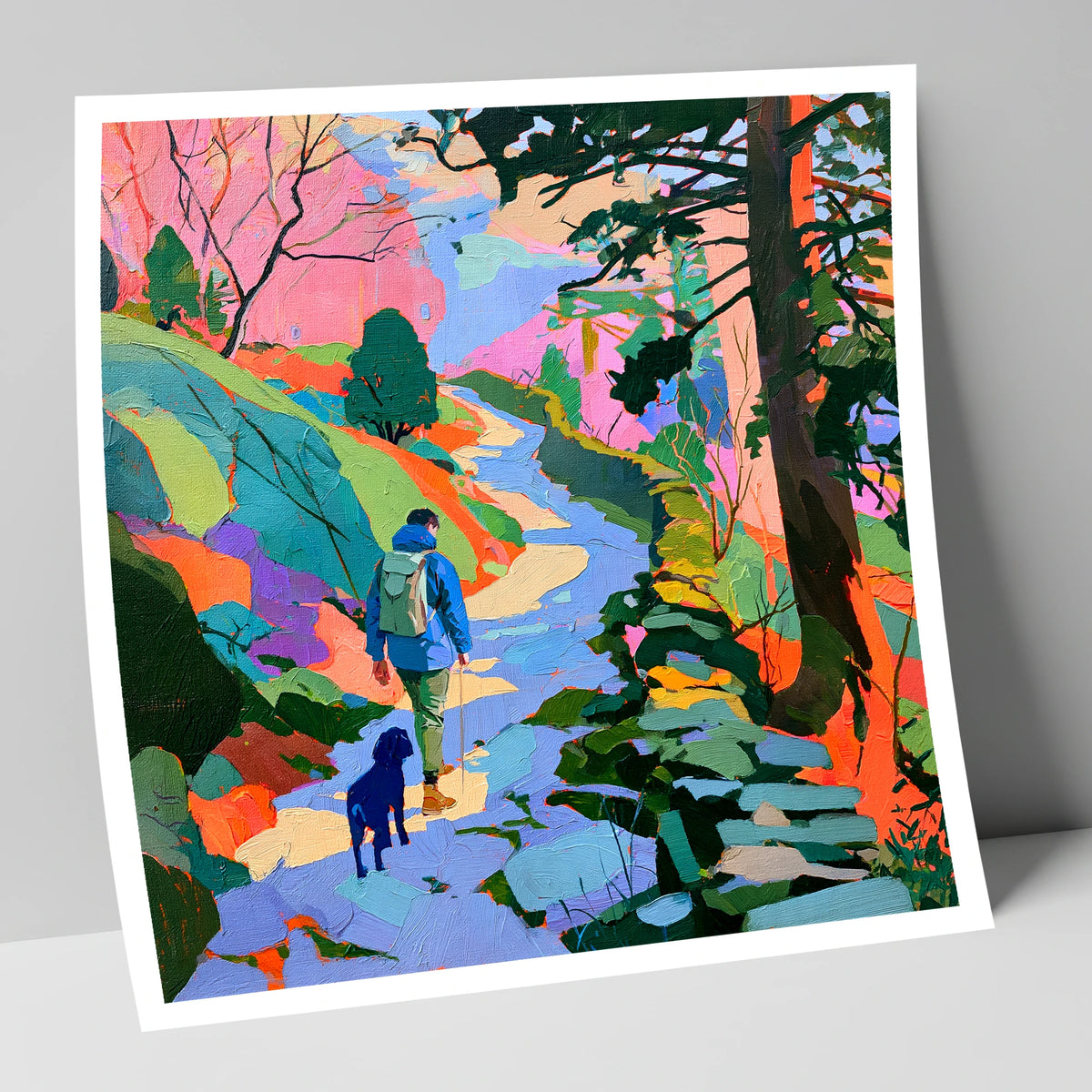 Colourful Hawkshead Dog Walk gifts for dog walkers art print