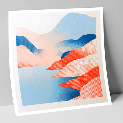 Graphic Buttermere in Coral and Blue lake district lake art print