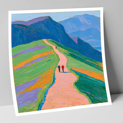 Walkers on a Vibrant Mountain Path lake district walking art print