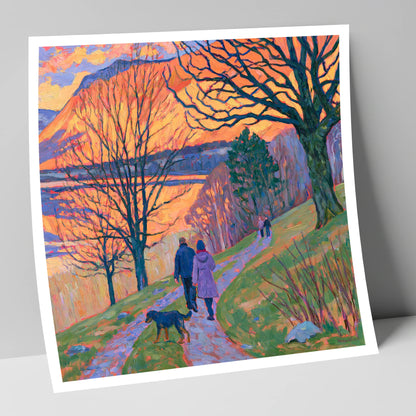 Vibrant Sunset Dog Walk Keswick gifts for dog walkers art print