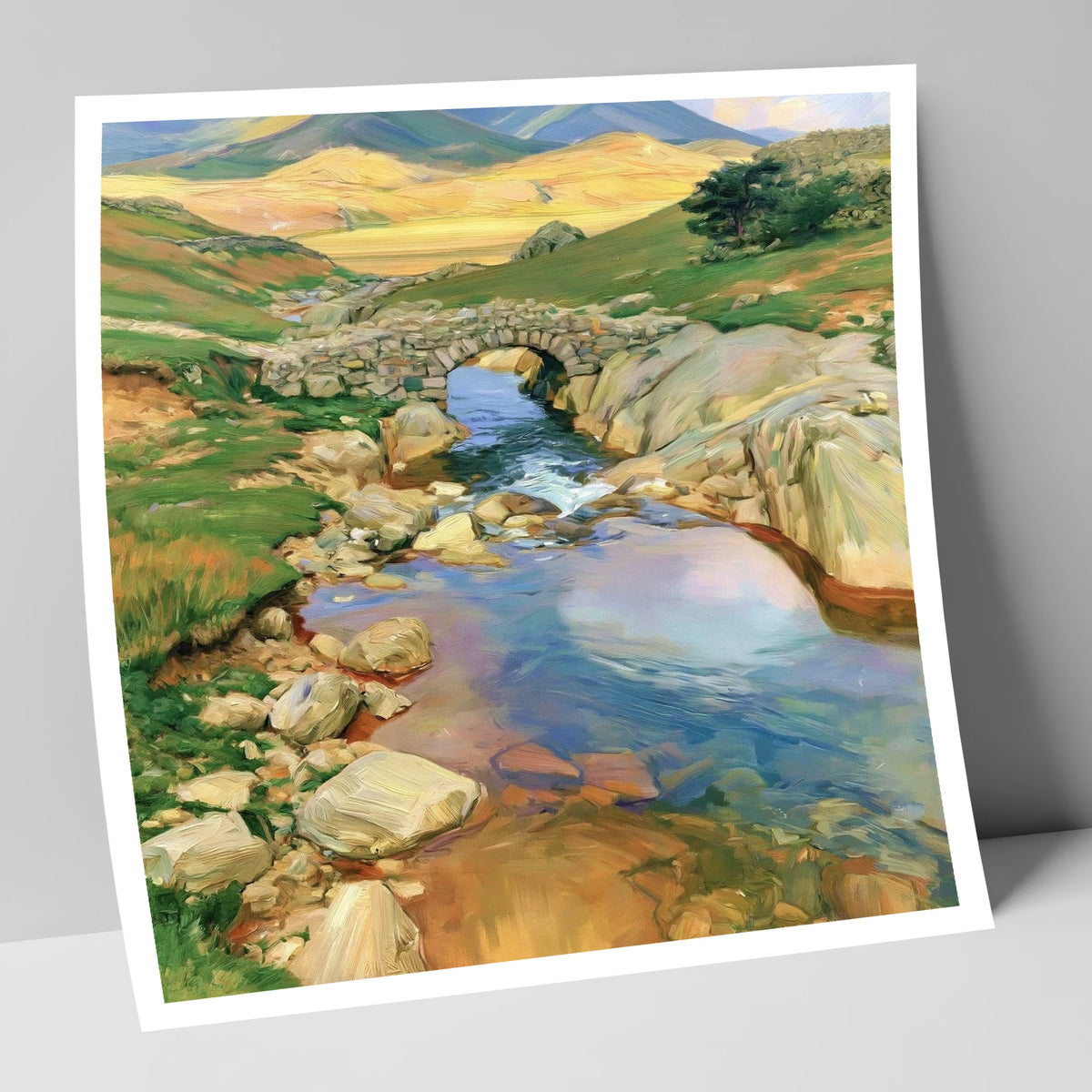 Stone Bridge Beneath Golden Fells lake district waterfall art print