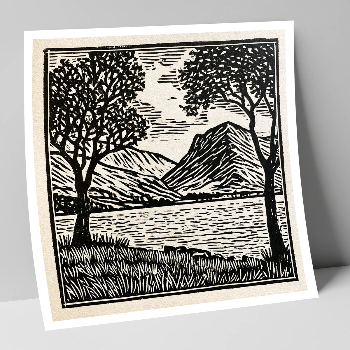 Monochrome Crummock Water Fells lake district lake art print