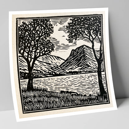 Monochrome Crummock Water Fells lake district lake art print