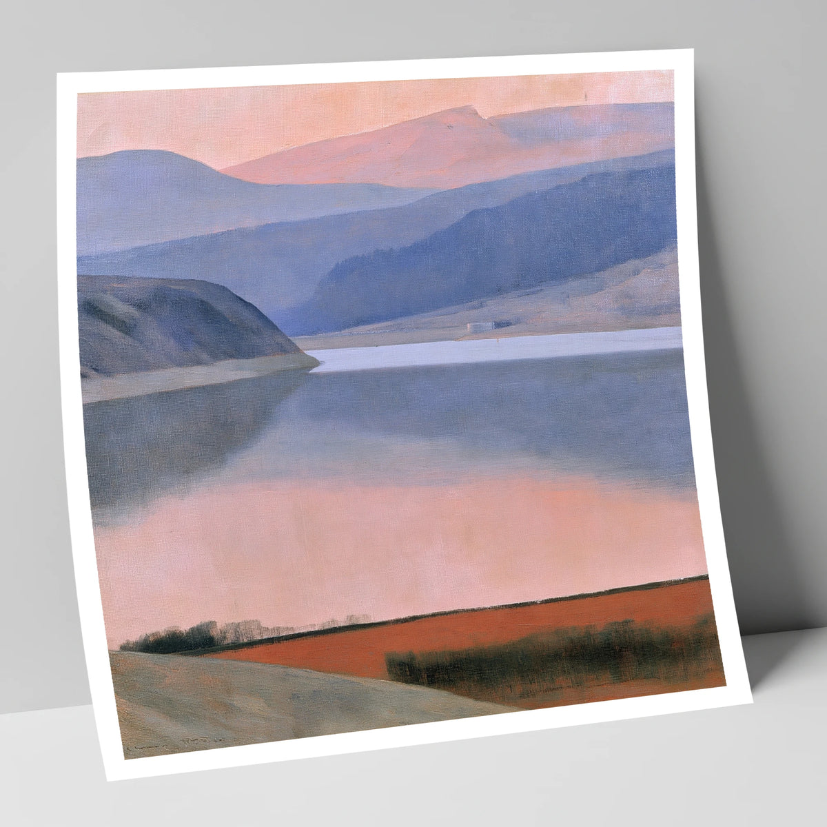 Lake and Fells in Dusk Pink lake district lake art print