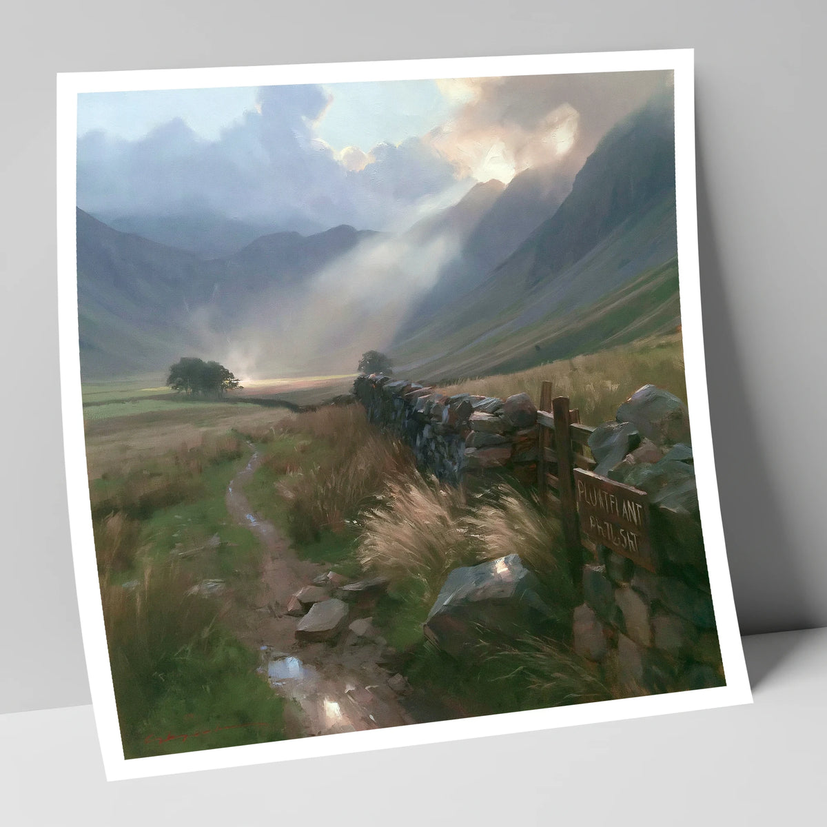 Valley Drystone Wall Under Sunburst lake district valley art print