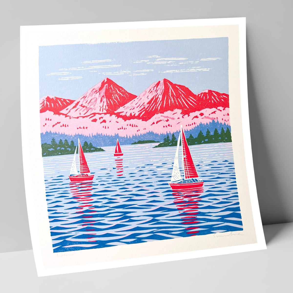 Windermere Sailboats Beneath Pink Fells lake district lake art print