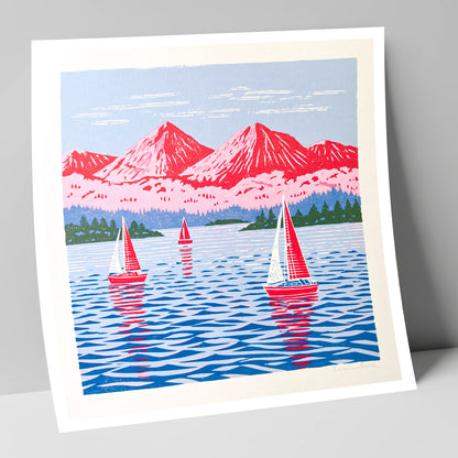 Windermere Sailboats Beneath Pink Fells lake district lake art print