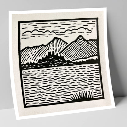 Monochrome Derwentwater Fells lake district lake art print