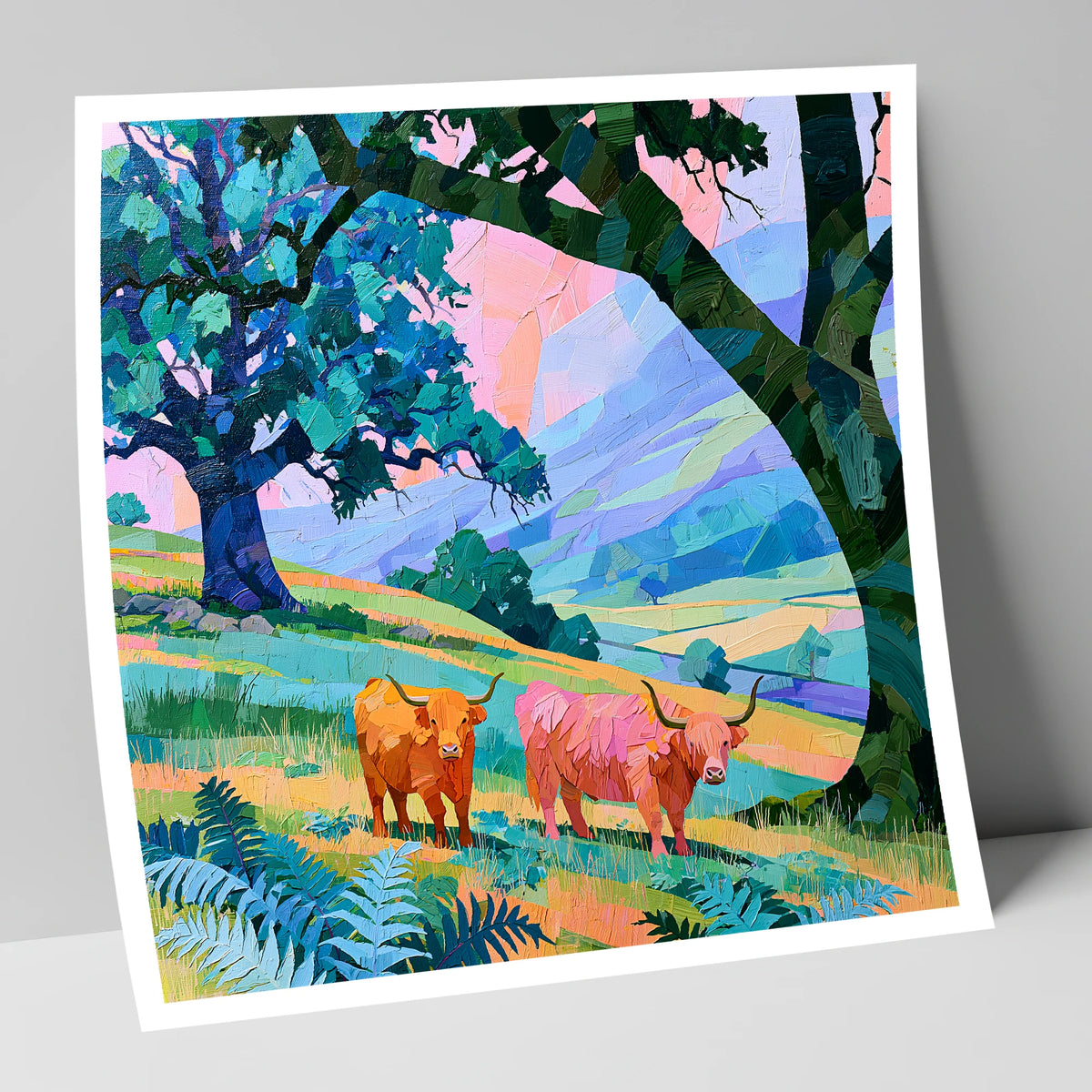 Vibrant Highland Cattle Beneath Fells lake district wildlife art print