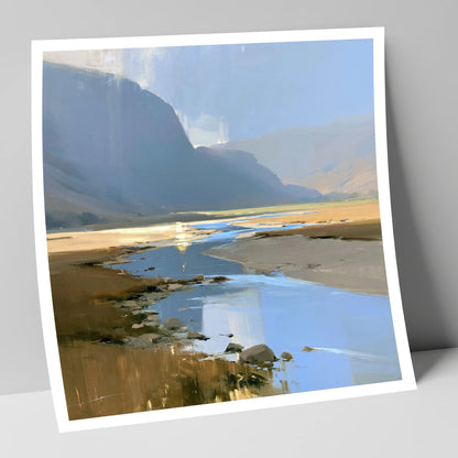 River Through Sunlit Valley lake district waterfall art print